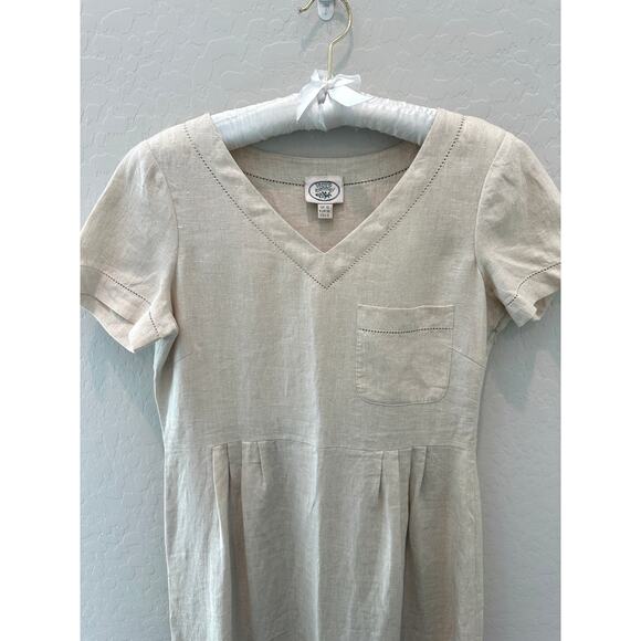 LAURA ASHLEY | Linen V-Neck Short Sleeve Midi Dress Beige Y2K | Size 6 - Picture 4 of 10